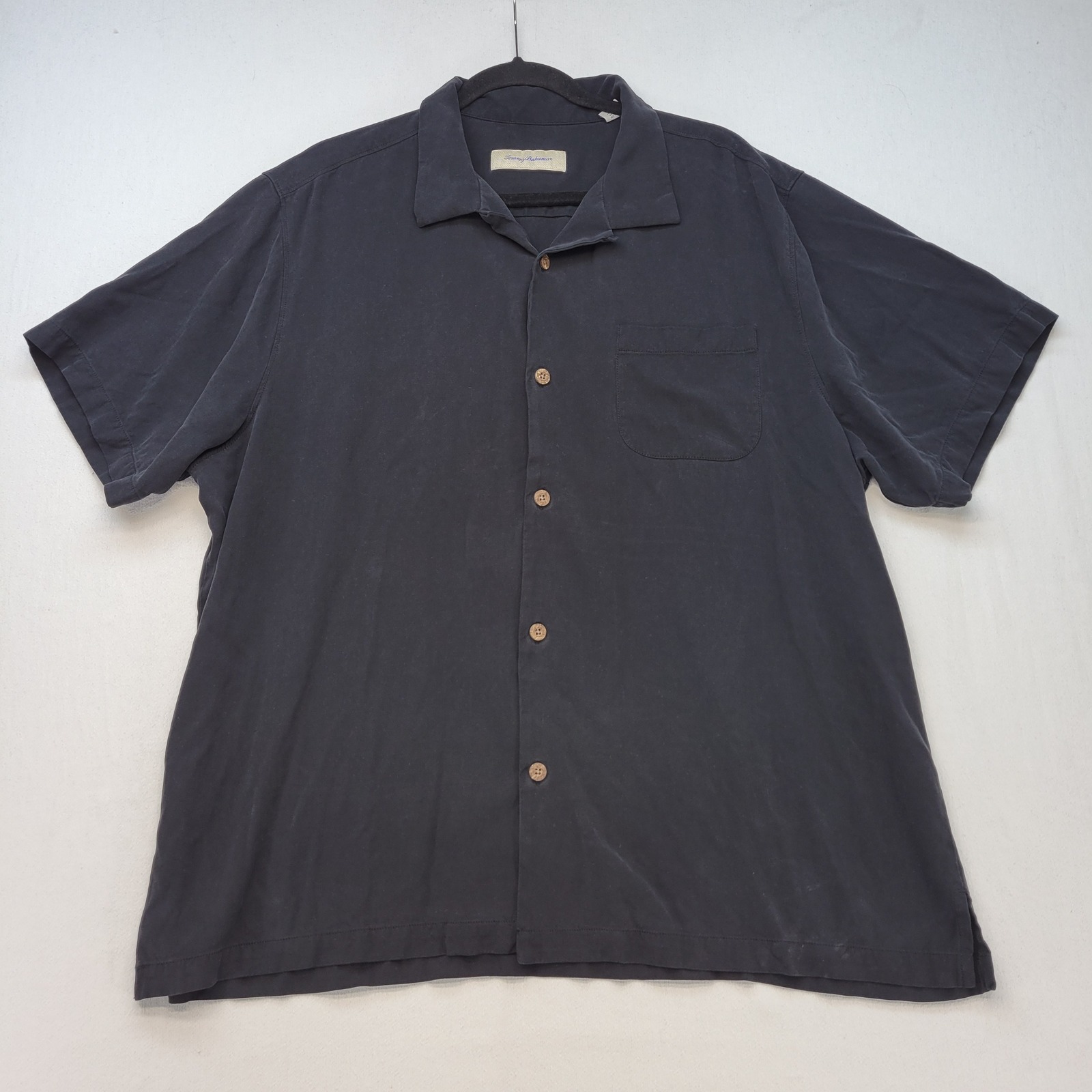 Tommy Bahama Button Down Mens 2xl Black 100% Silk Herringbone Camp Shirt